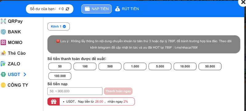 Nạp tiền bằng USDT (Crypto)