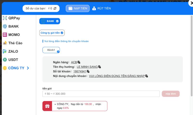 Nạp tiền qua Công ty (BANK trực tiếp)