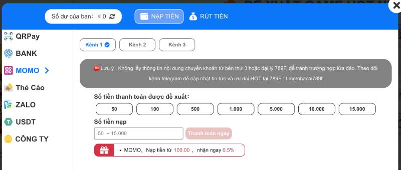 Nạp tiền qua MOMO