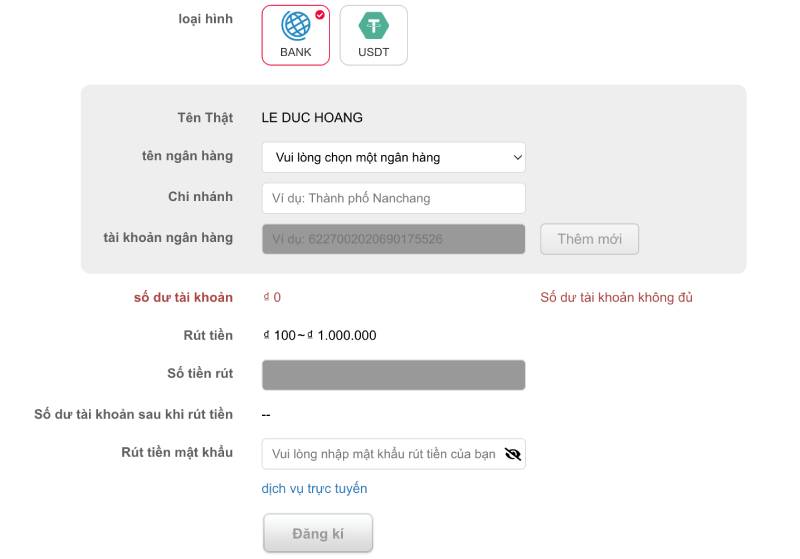 Rút tiền qua ngân hàng (Bank)